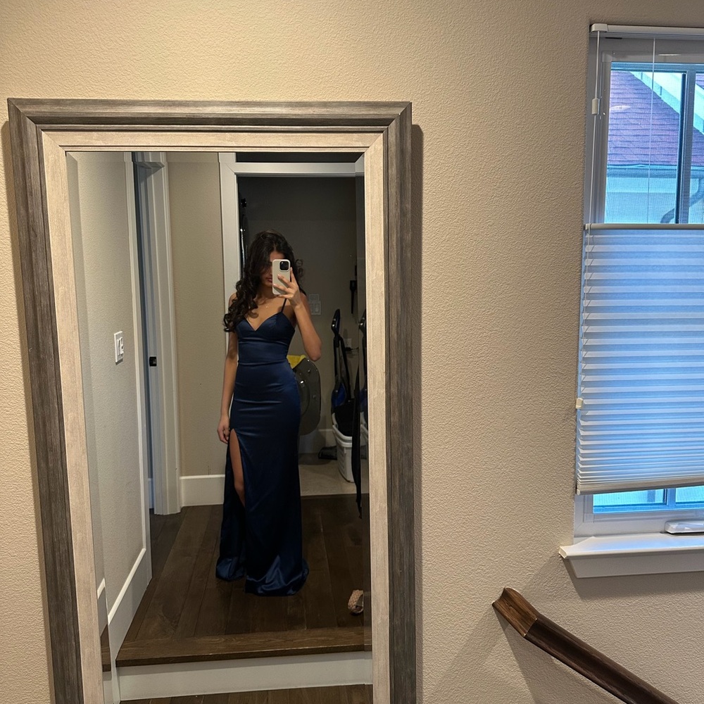 La Femme Navy Blue Prom Dress - Picture 2 of 10